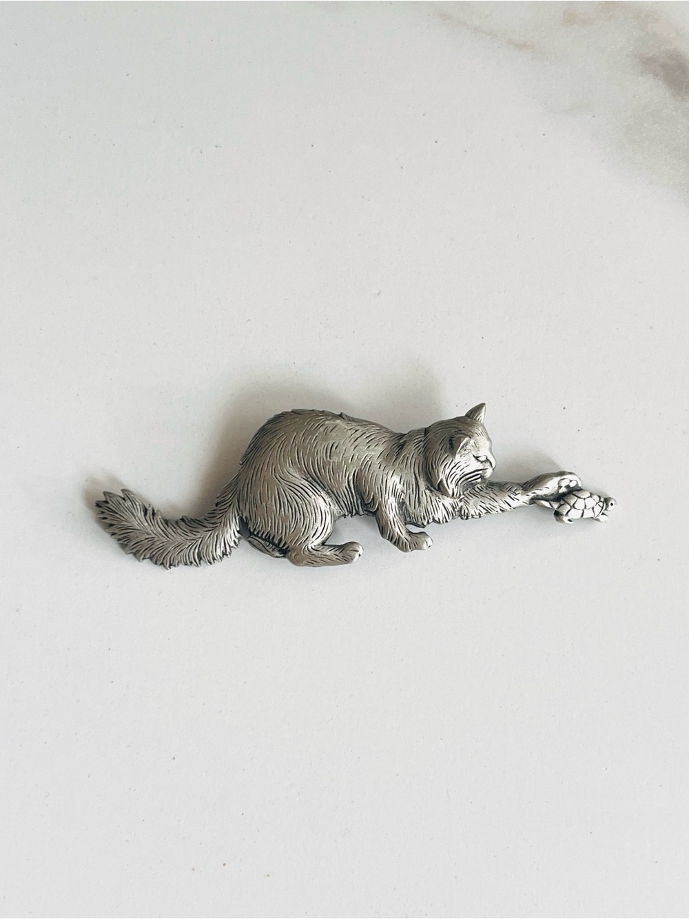 Vintage JJ (Jonette Jewelry) Cat and Turtle Silver-Tone Brooch